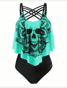2-piece skull print strappy tankini