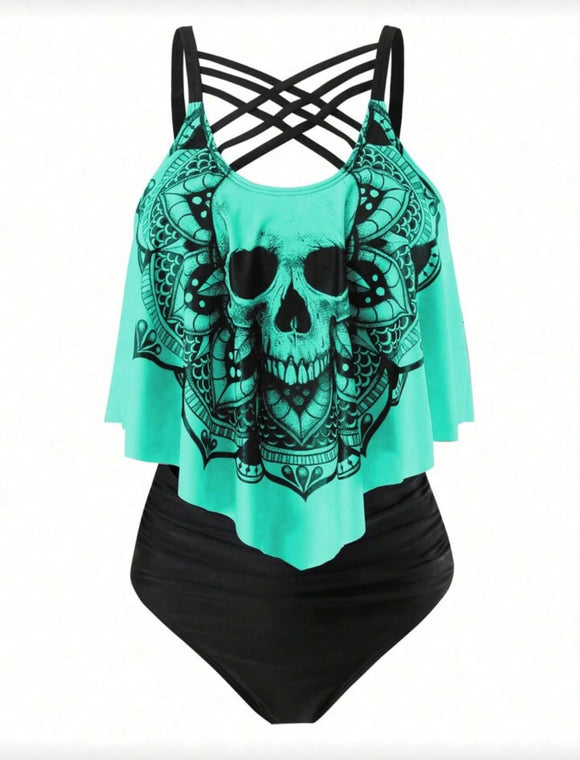 2-piece skull print strappy tankini