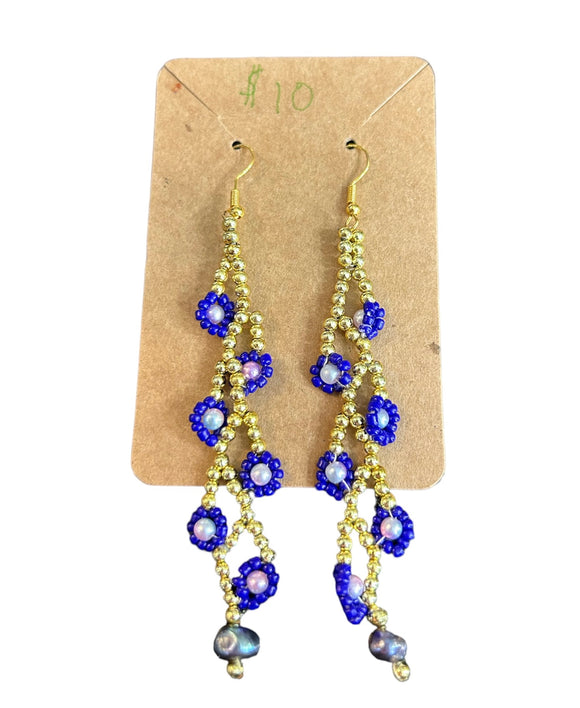 Gold & Blue Beaded Floral Earrings