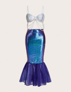 Holographic Fish Scale Print Pearls Beaded Mermaid Costume Set