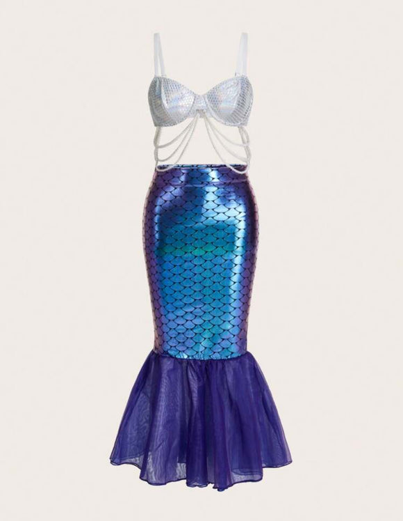 Holographic Fish Scale Print Pearls Beaded Mermaid Costume Set