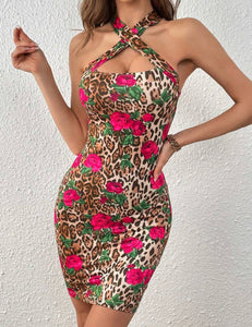 Leopard & Floral Print Crisscross Halter Neck Bodycon Dress