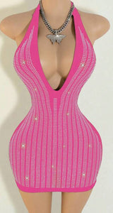Plunging halter Rhinestone mini dress