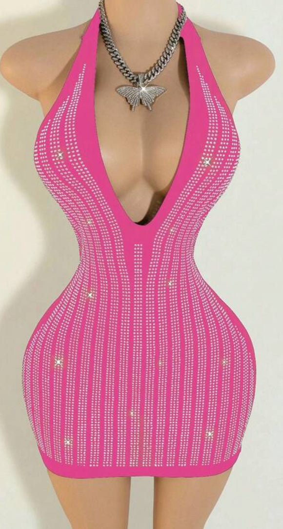 Plunging halter Rhinestone mini dress