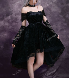 Gothic Off Shoulder Contrast Lace High Low Hem Velvet Dress Without Gloves