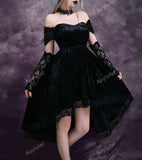 Gothic Off Shoulder Contrast Lace High Low Hem Velvet Dress Without Gloves