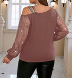 Plus Size Asymmetric Neckline Sparkling Mesh Lantern Sleeve T-Shirt