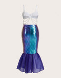 Holographic Fish Scale Print Pearls Beaded Mermaid Costume Set