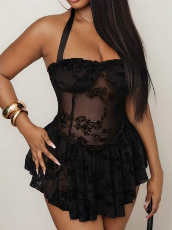 Velvet lace halter mini dress