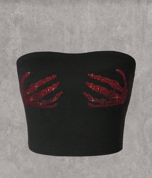 Rhinestone skeleton hand tube top