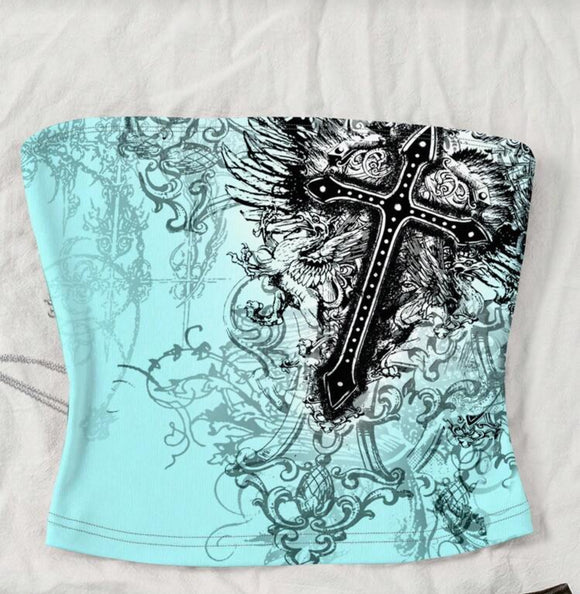 Mint tube top with cross print