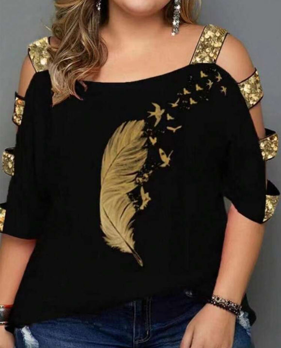 Feather print open shoulder top