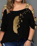 Feather print open shoulder top