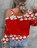 Christmas Santa Claus Print Asymmetrical Neck Lantern Sleeve Tee