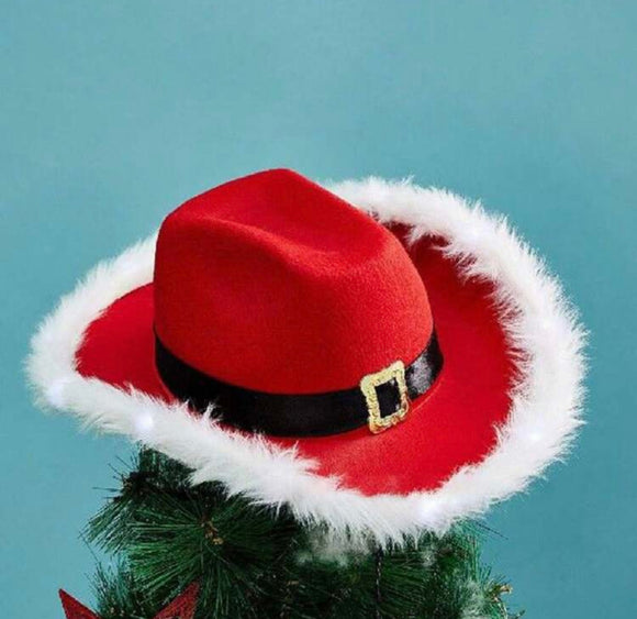1pc Red Christmas Party Cowboy Hat With Feather And Trim