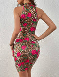 Leopard & Floral Print Crisscross Halter Neck Bodycon Dress