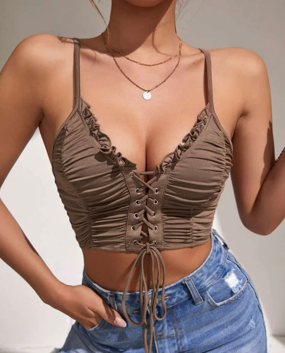 Lace Up Frill Trim Cami Top
