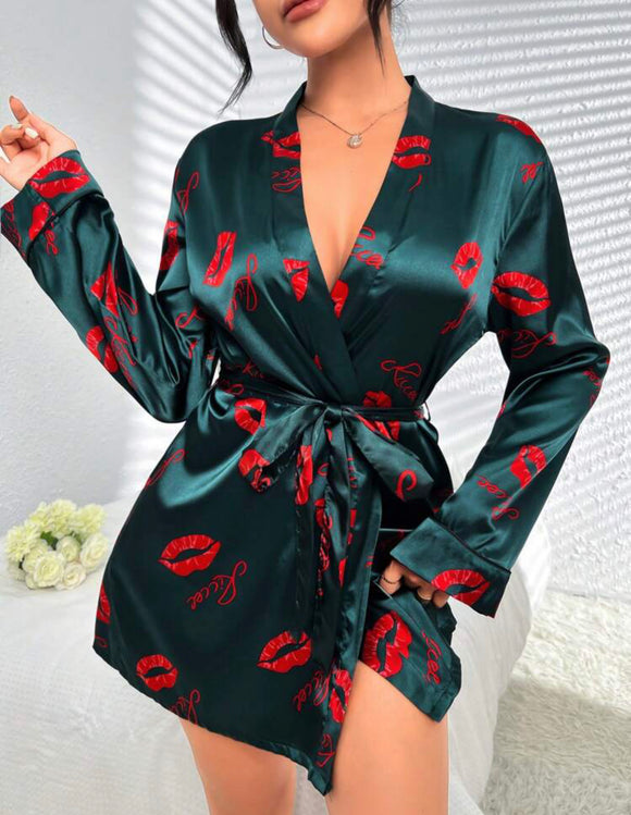 Lip & Letter Graphic Belted Satin Robe