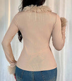 Khaki Fur trimmed Cardigan