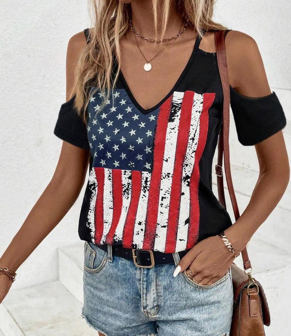 American Flag Printed Cold Shoulder 4th Of July T-Shirt