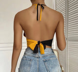 Two Tone O-ring Detail Backless Knot Halter Top