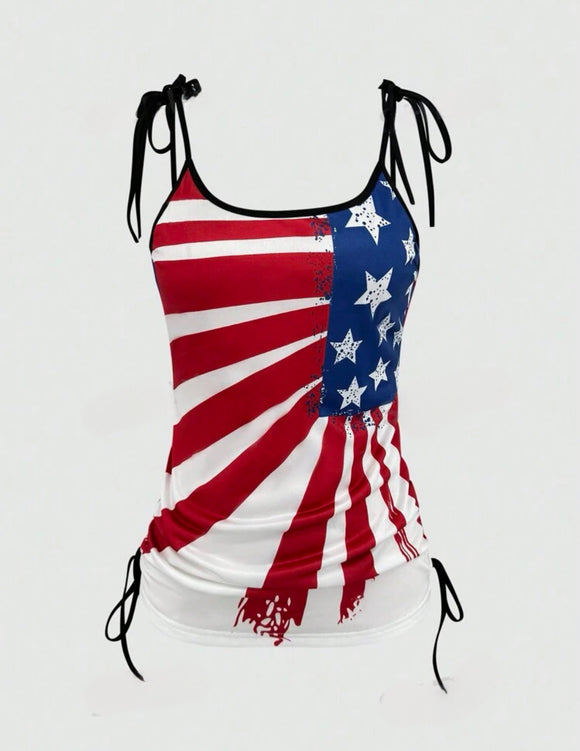 Casual Side Drawstring American Flag Print Tank Top For Summer