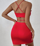 Ruffle Trim Crisscross Tie Backless Ruched Bodycon Dress