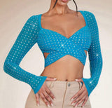 Rhinestone Detail Crisscross Front Crop Top