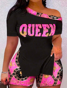 Plus Size Queen Letter Pattern Print Short Sleeve Top And Shorts Set