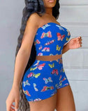 Butterfly Printed Matching Crop Top And Shorts Set With Bowknot