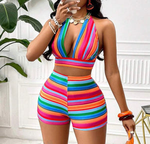 Colorful Striped Tie-Back Halter Top & Shorts