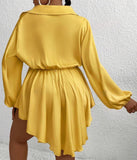 Plus Size Solid Color Lantern Sleeve Asymmetrical Hem Top