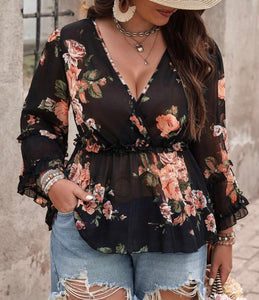 Plus Size Floral Printed Shirt With Ruffled Hemline