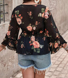 Plus Size Floral Printed Shirt With Ruffled Hemline