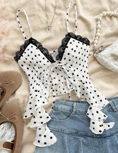 Front Tie Bow Decor Black Dot Print Casual Tank Top