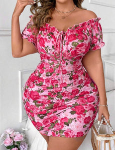 Flower Print Ruffled Off Shoulder Short Sleeve Slim Elegant Dress