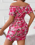 Flower Print Ruffled Off Shoulder Short Sleeve Slim Elegant Dress