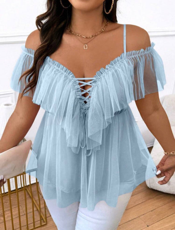 Elegant Mesh Splice Ruffle Ruffle Solid Color Shirt