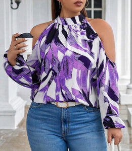 Plus Allover Print Cold Shoulder Blouse