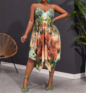 Plus Size Tie Dye Printed Asymmetrical Hem Halter Neck Dress