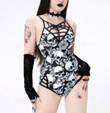 Goth Gothic Skull Print Hollow Out One-Piece Swimsuit