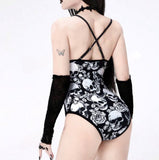 Goth Gothic Skull Print Hollow Out One-Piece Swimsuit