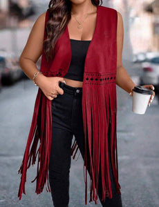 Plus Size Western Style Hollow Out Fringed Hem Open Front Sleeveless Long Coat