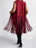 Plus Size Western Style Hollow Out Fringed Hem Open Front Sleeveless Long Coat