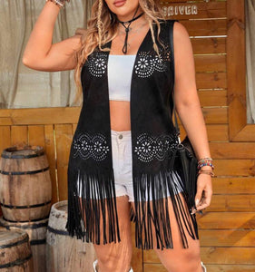 Plus Size Sleeveless Vest With Hollow Out Design And Fringe Hem