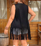 Plus Size Sleeveless Vest With Hollow Out Design And Fringe Hem