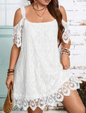 Open Shoulder Lace Decorated Solid Color Bodycon Dress