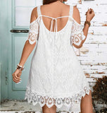 Open Shoulder Lace Decorated Solid Color Bodycon Dress