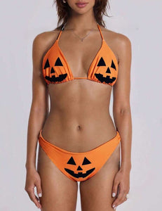 Summer Beach Pumpkin Printed Bikini Set, Bathing Suit