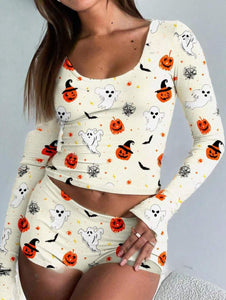 Halloween Pumpkin & Ghost Allover Print Long Sleeve T-Shirt And Shorts Pajama Set